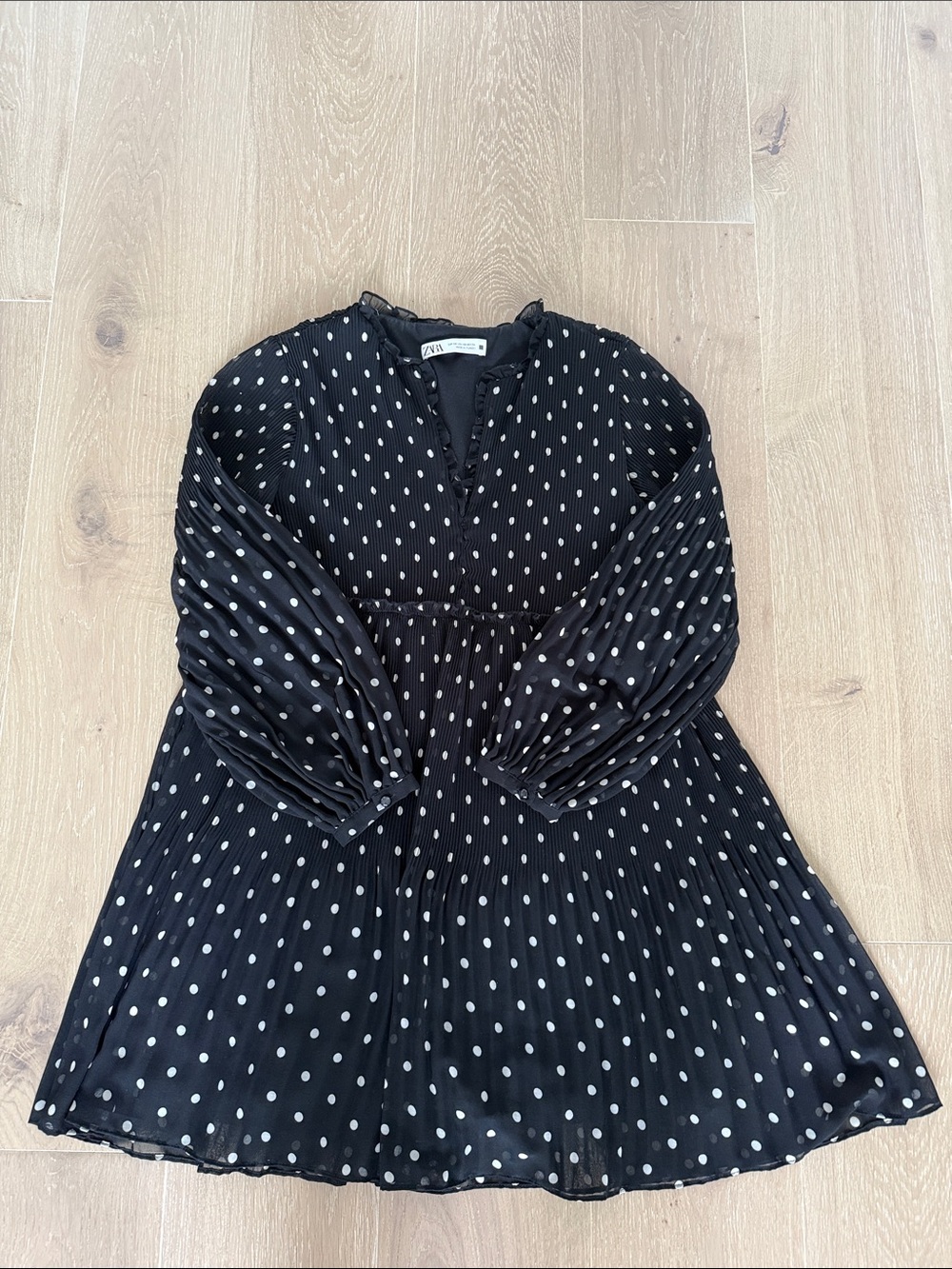 Zara Black Dress with White Polka Dots and Pleated Skirt